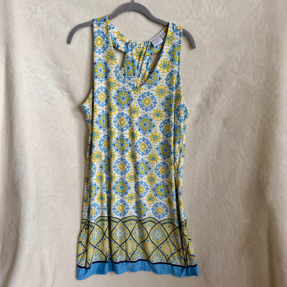 Beach Break Blue Yellow Medallion Tile Print Twist Back Dress Size L Keyhole